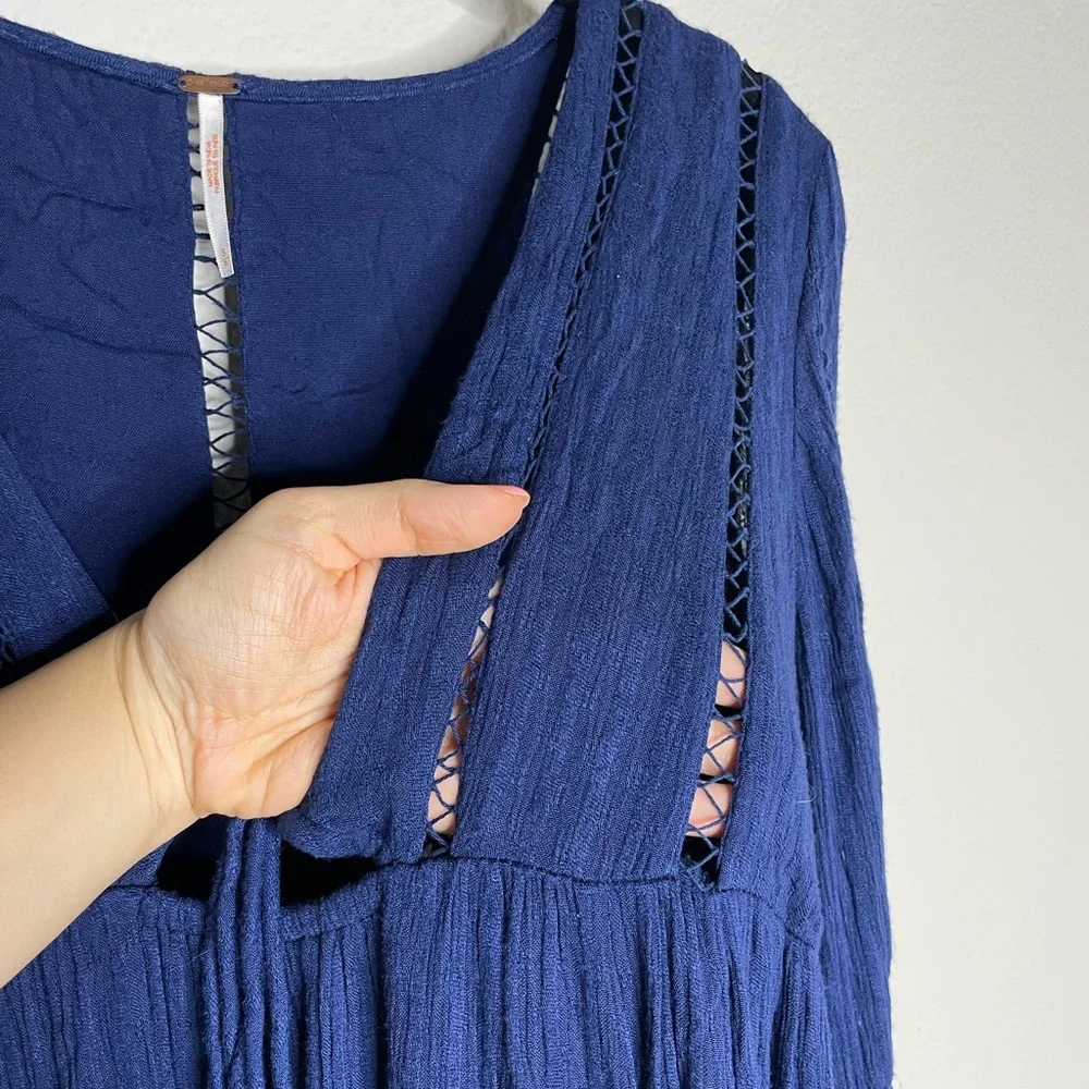 Free People Romeo Navy Blue Ladder Trim Mini Dress S - Picture 4 of 8